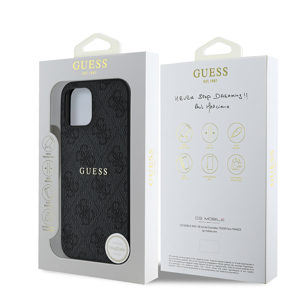 iPhone 12 Kılıf Guess Orijinal Lisanslı M-safe Şarj Özellikli 4G Desen Yazı Logolu Kılıf