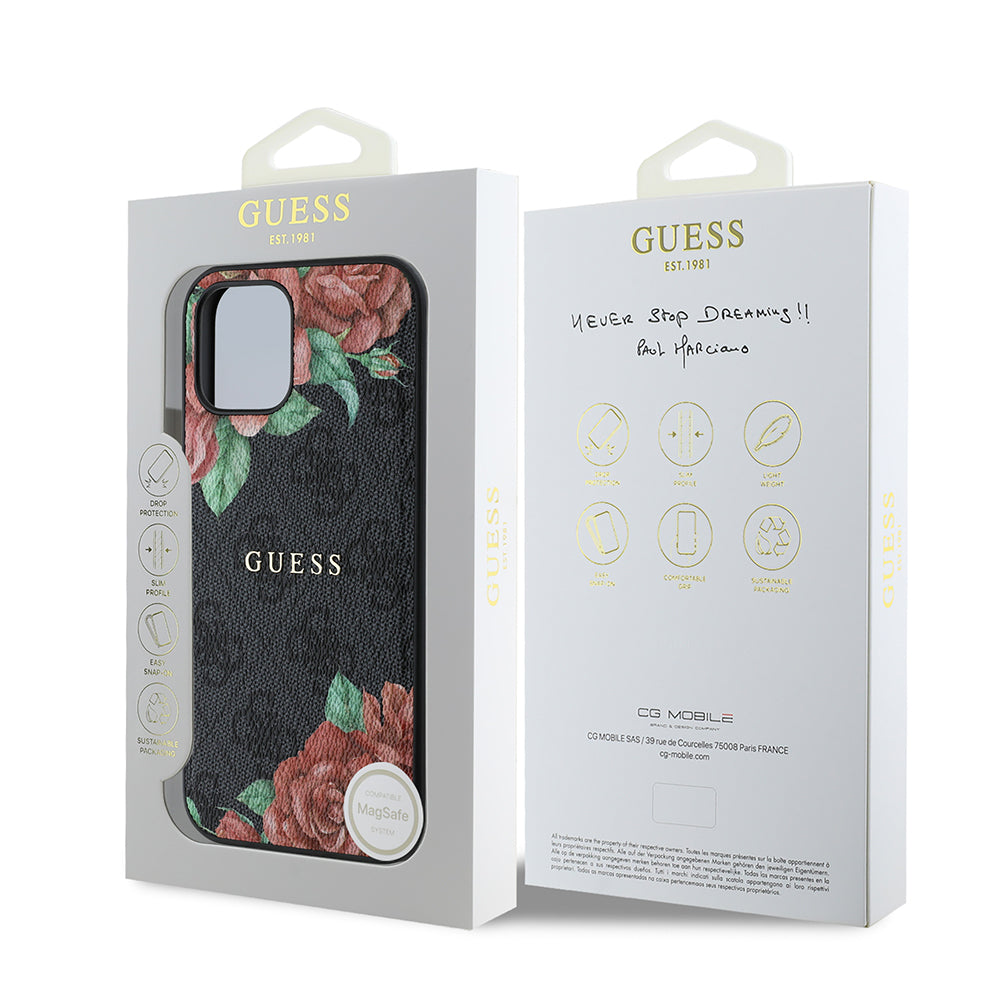 iPhone 12 Kılıf Guess Orijinal Lisanslı M-safe Şarj Özellikli Gül Baskılı 4G Desenli Yazı Logolu Kılıf