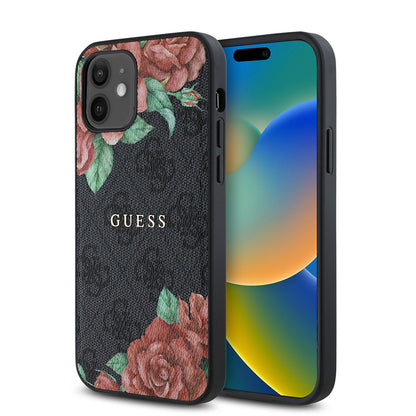 iPhone 12 Kılıf Guess Orijinal Lisanslı M-safe Şarj Özellikli Gül Baskılı 4G Desenli Yazı Logolu Kılıf