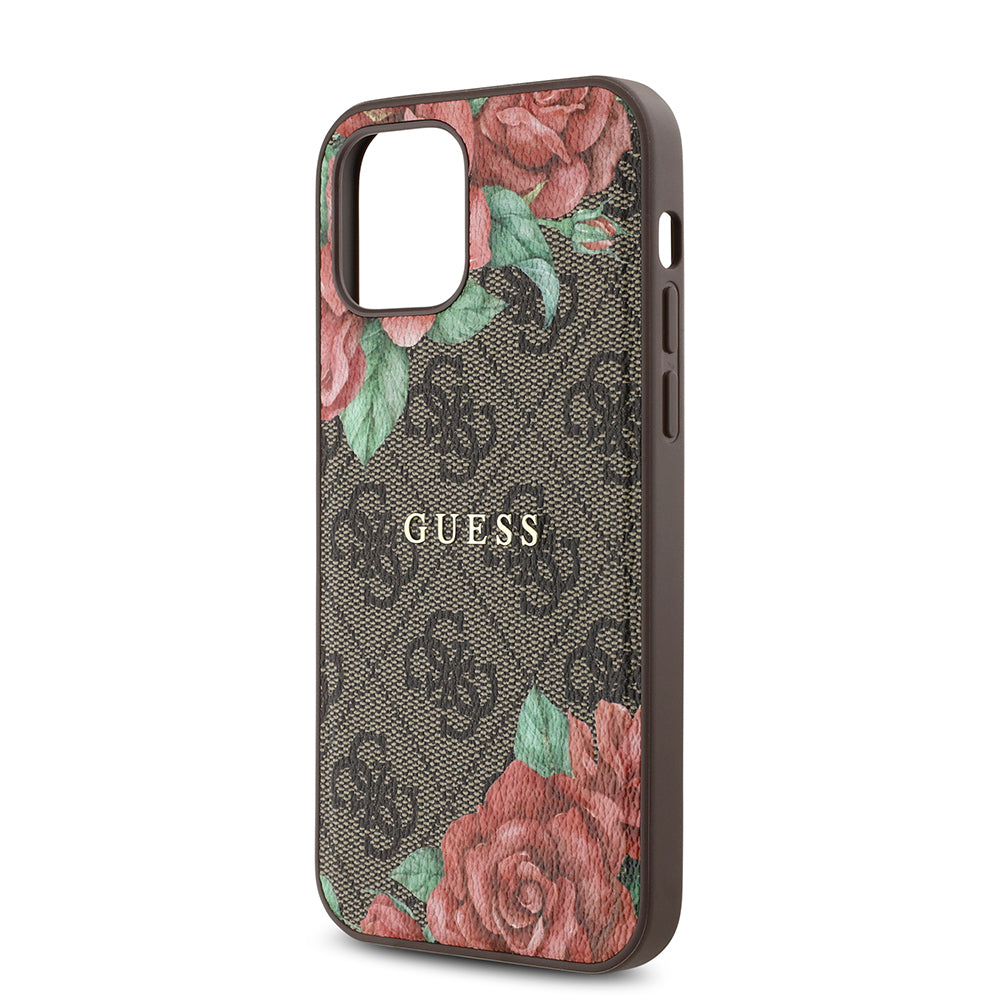 iPhone 12 Kılıf Guess Orijinal Lisanslı M-safe Şarj Özellikli Gül Baskılı 4G Desenli Yazı Logolu Kılıf