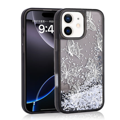 iPhone 12 Kılıf Sıvılı Simli Kelebek Baskılı Şeffaf Arka Yüzey Zore Glis Silikon Kılıf