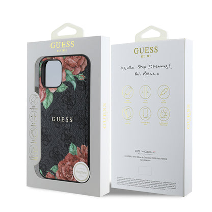 iPhone 12 Pro Kılıf Guess Orijinal Lisanslı M-safe Şarj Özellikli Gül Baskılı 4G Desenli Yazı Logolu Kılıf