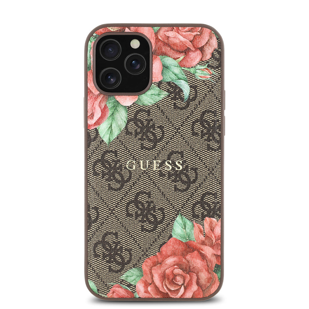 iPhone 12 Pro Kılıf Guess Orijinal Lisanslı M-safe Şarj Özellikli Gül Baskılı 4G Desenli Yazı Logolu Kılıf