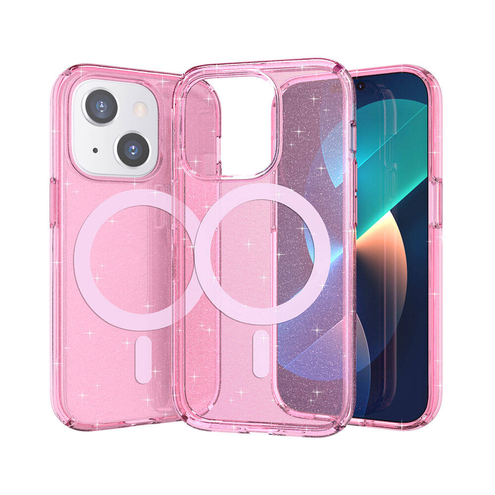 iPhone 13 Kılıf M-safe Şarj Özellikli Parlayan Simli Saydam Renkli Zore Allstar Kılıf