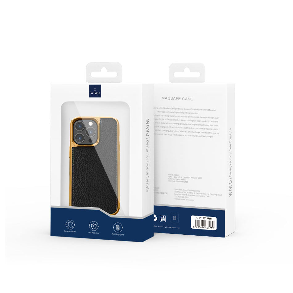 iPhone 13 Kılıf Wiwu Genuine Leather Gold Calfskin Orjinal Deri Kılıf