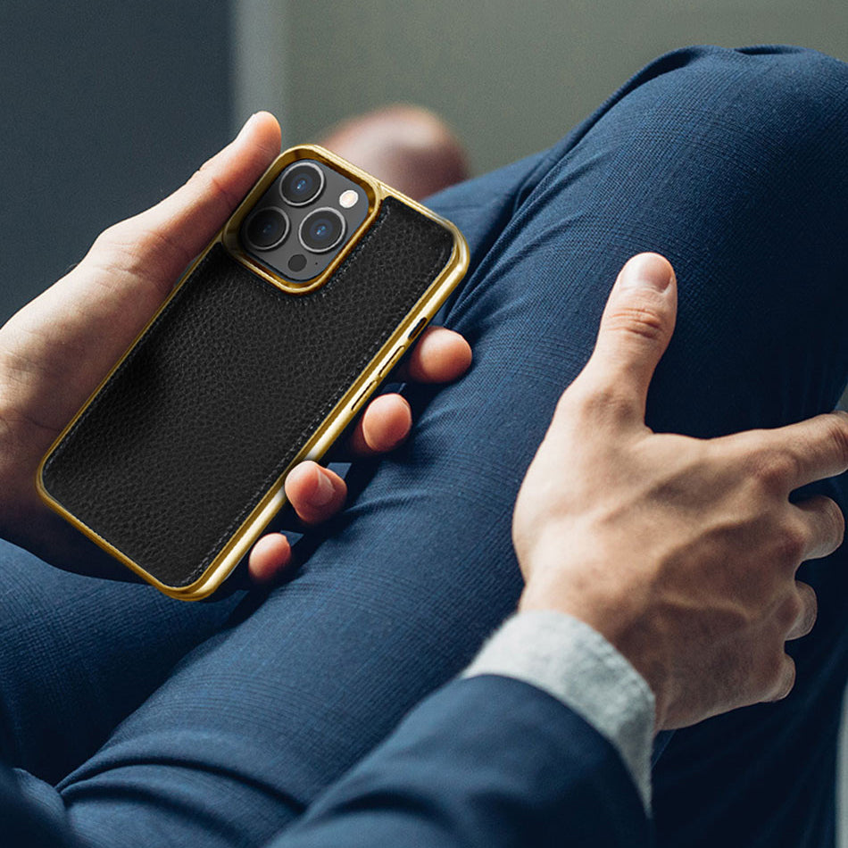 iPhone 13 Mini Kılıf Wiwu Genuine Leather Gold Calfskin orijinal Deri Kılıf
