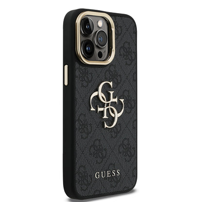 iPhone 13 Pro Max Kılıf Guess Orijinal Lisanslı PU Deri 4G Desenli Metal Büyük 4G ve Yazı Logolu Kamera Standlı Kılıf