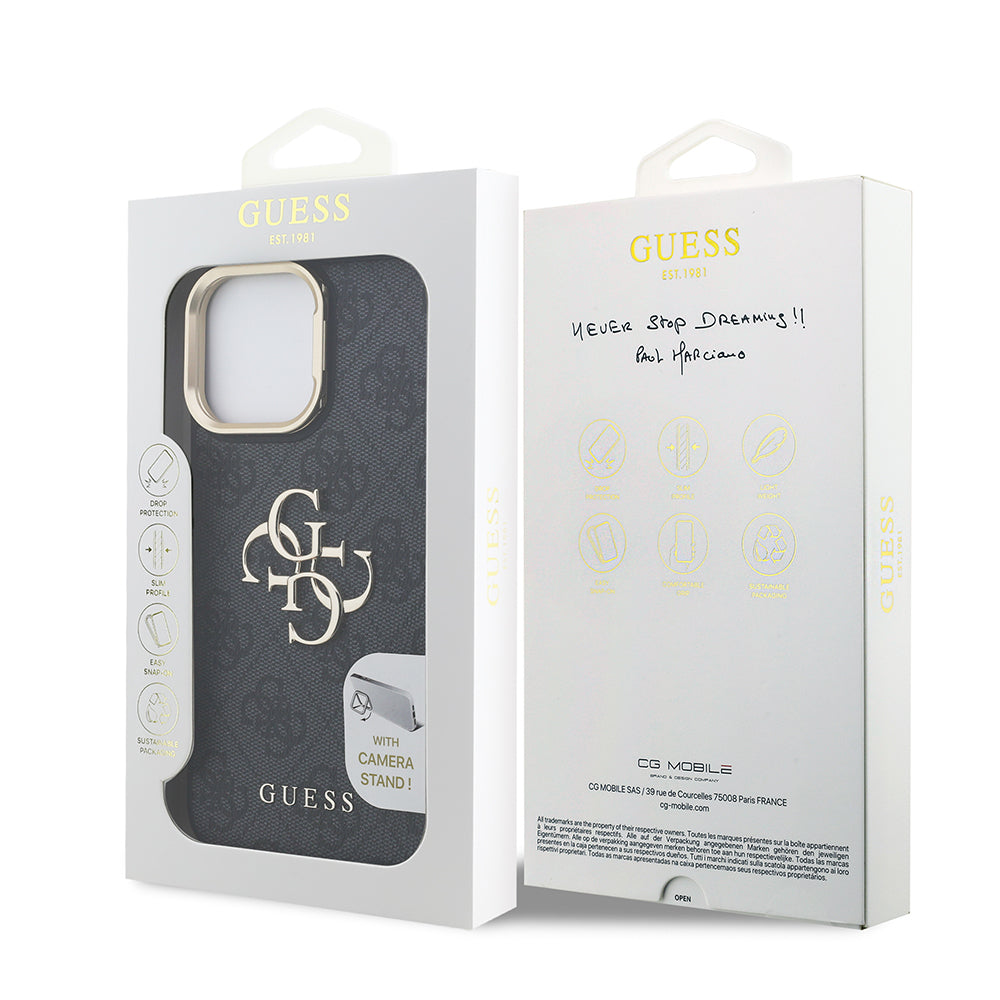 iPhone 13 Pro Max Kılıf Guess Orijinal Lisanslı PU Deri 4G Desenli Metal Büyük 4G ve Yazı Logolu Kamera Standlı Kılıf