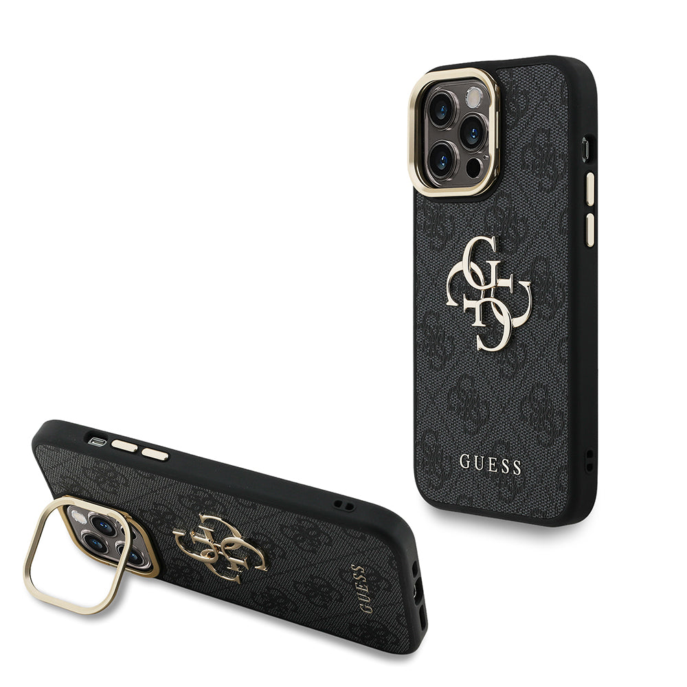 iPhone 13 Pro Max Kılıf Guess Orijinal Lisanslı PU Deri 4G Desenli Metal Büyük 4G ve Yazı Logolu Kamera Standlı Kılıf