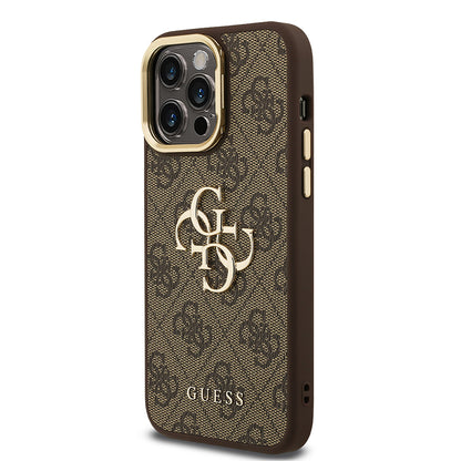 iPhone 13 Pro Max Kılıf Guess Orijinal Lisanslı PU Deri 4G Desenli Metal Büyük 4G ve Yazı Logolu Kamera Standlı Kılıf