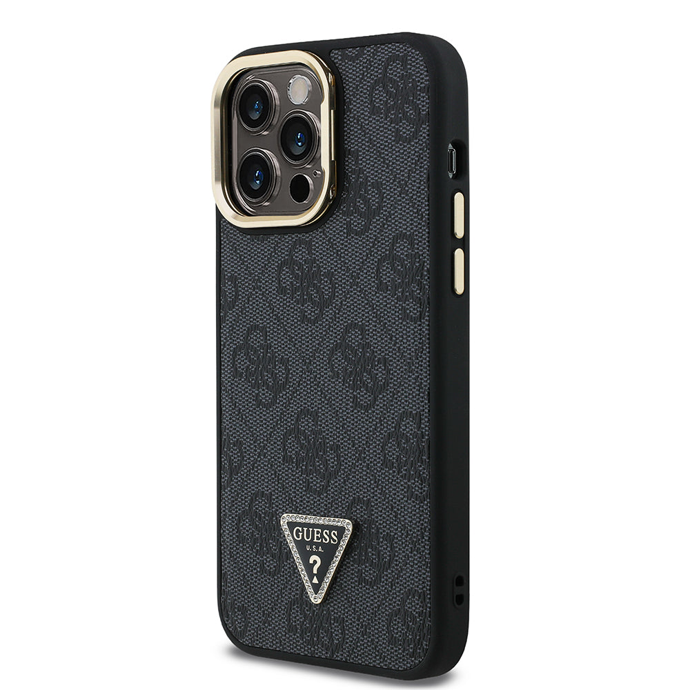 iPhone 13 Pro Max Kılıf Guess Orijinal Lisanslı PU Deri Taşlı Üçgen Logo 4G Desenli Kamera Standlı Kılıf