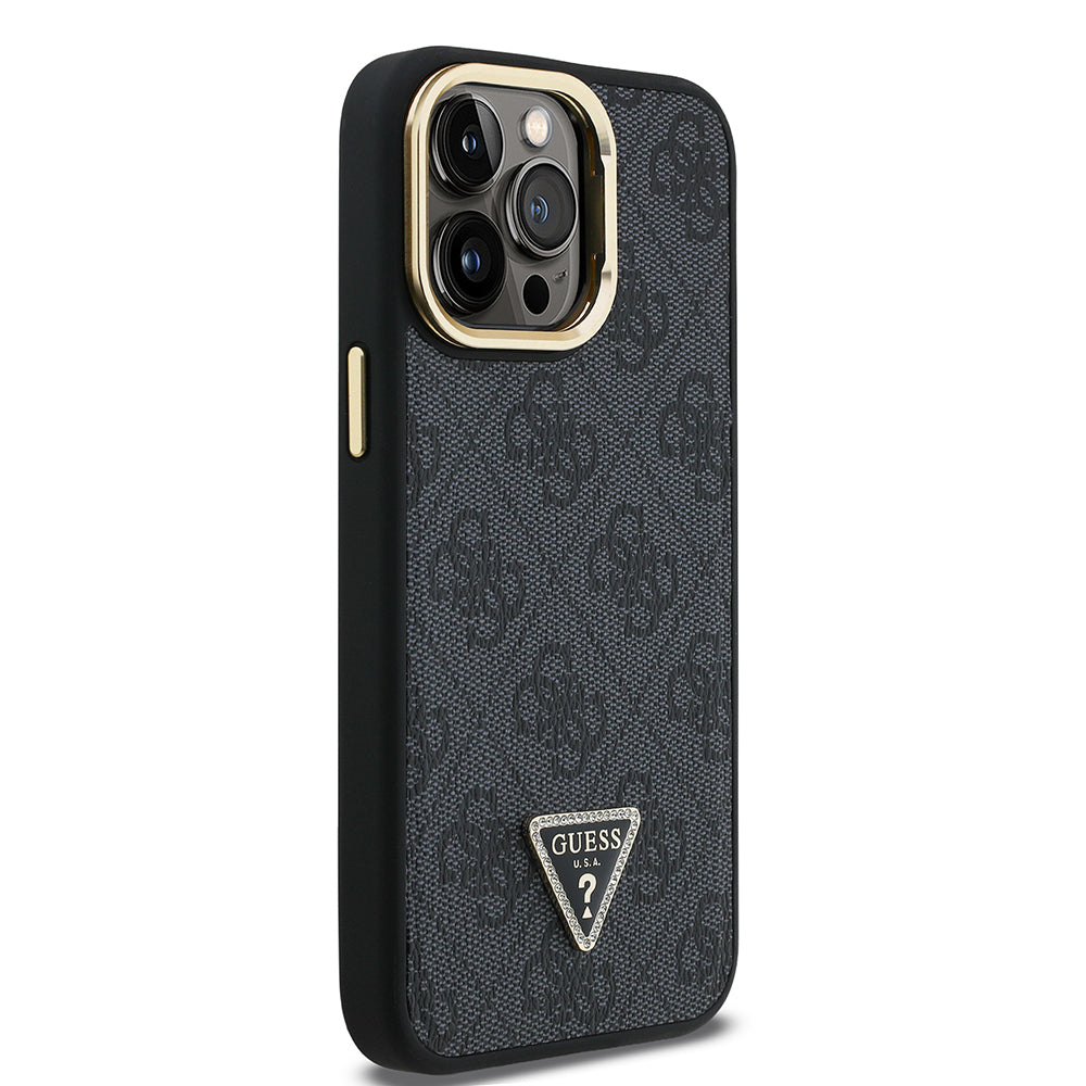 iPhone 13 Pro Max Kılıf Guess Orijinal Lisanslı PU Deri Taşlı Üçgen Logo 4G Desenli Kamera Standlı Kılıf