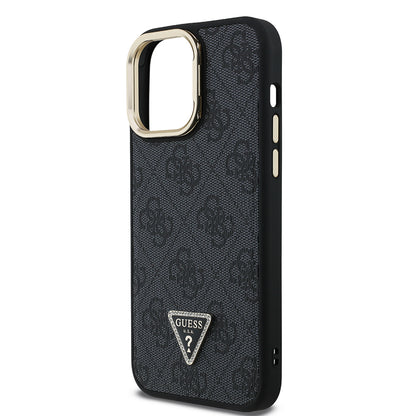 iPhone 13 Pro Max Kılıf Guess Orijinal Lisanslı PU Deri Taşlı Üçgen Logo 4G Desenli Kamera Standlı Kılıf