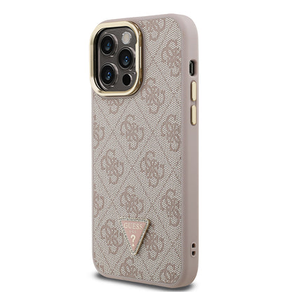 iPhone 13 Pro Max Kılıf Guess Orijinal Lisanslı PU Deri Taşlı Üçgen Logo 4G Desenli Kamera Standlı Kılıf