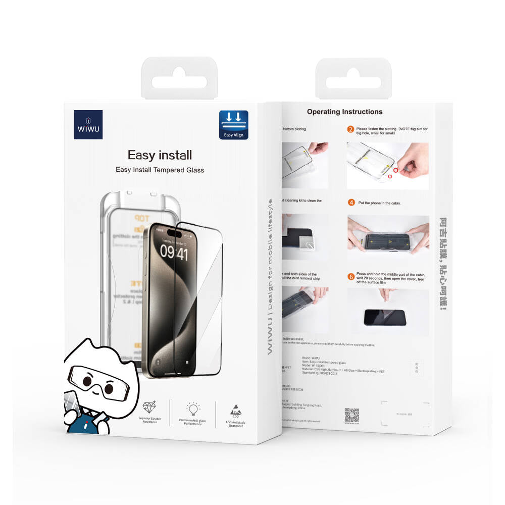 iPhone 13 Wiwu SQ-008 Oleofobik Easy Install Darbeye Karşı Dayanıklı Temperli Cam Ekran Koruyucu + Kolay Uygulama Aparatlı