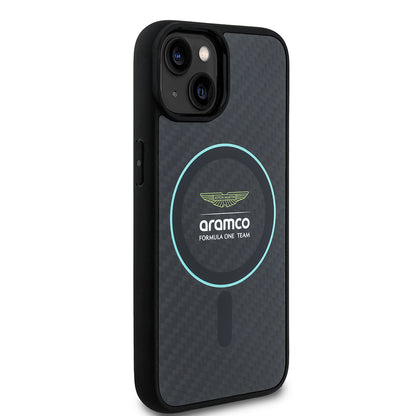 iPhone 14 Kılıf Aston Martin Orijinal Lisanslı M-safe Şarj Özellikli Renkli Halka ve Karbon Fiber Tasarımlı Kılıf