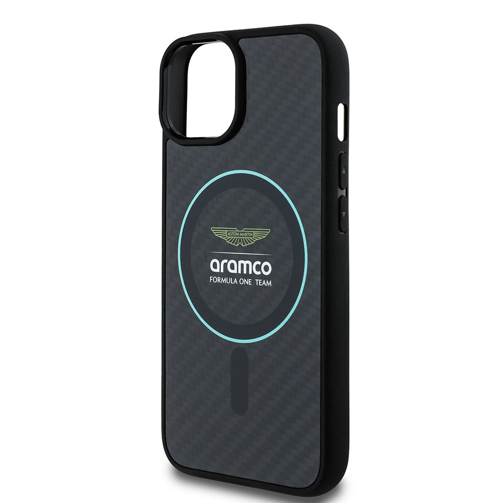 iPhone 14 Kılıf Aston Martin Orijinal Lisanslı M-safe Şarj Özellikli Renkli Halka ve Karbon Fiber Tasarımlı Kılıf