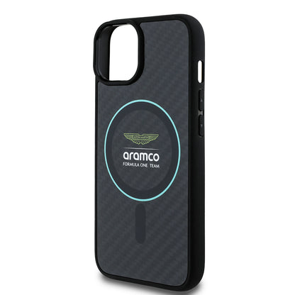 iPhone 14 Kılıf Aston Martin Orijinal Lisanslı M-safe Şarj Özellikli Renkli Halka ve Karbon Fiber Tasarımlı Kılıf