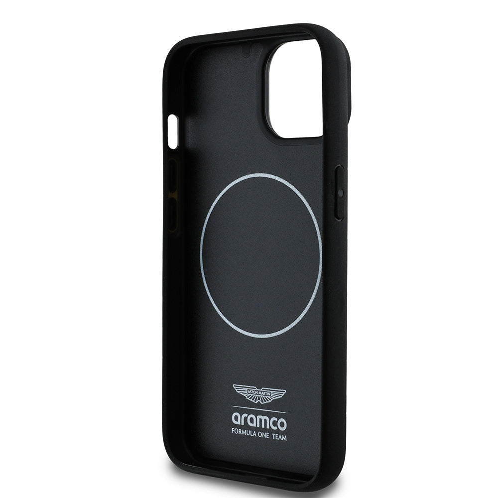 iPhone 14 Kılıf Aston Martin Orijinal Lisanslı M-safe Şarj Özellikli Renkli Halka ve Karbon Fiber Tasarımlı Kılıf