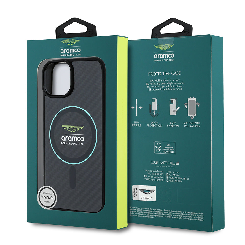 iPhone 14 Kılıf Aston Martin Orijinal Lisanslı M-safe Şarj Özellikli Renkli Halka ve Karbon Fiber Tasarımlı Kılıf