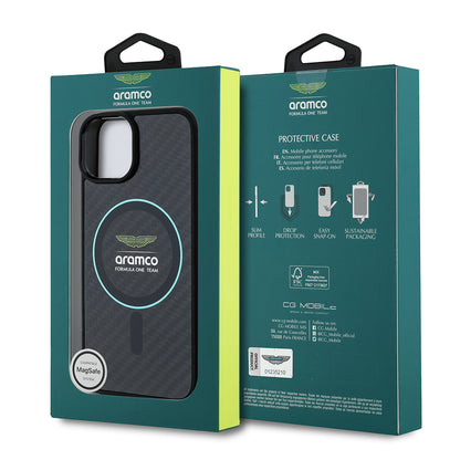 iPhone 14 Kılıf Aston Martin Orijinal Lisanslı M-safe Şarj Özellikli Renkli Halka ve Karbon Fiber Tasarımlı Kılıf