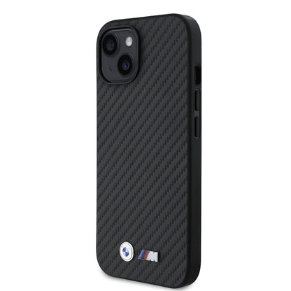 iPhone 14 Kılıf BMW Orijinal Lisanslı Karbon Fiber Tasarımlı ve Metal Logolu PU Deri Kılıf