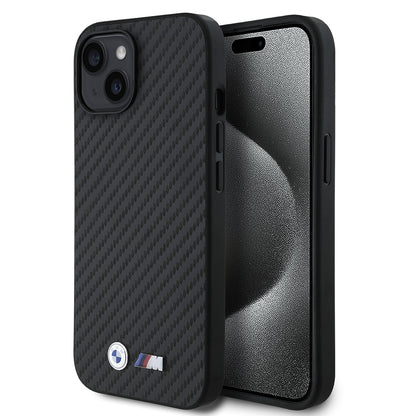 iPhone 14 Kılıf BMW Orijinal Lisanslı Karbon Fiber Tasarımlı ve Metal Logolu PU Deri Kılıf