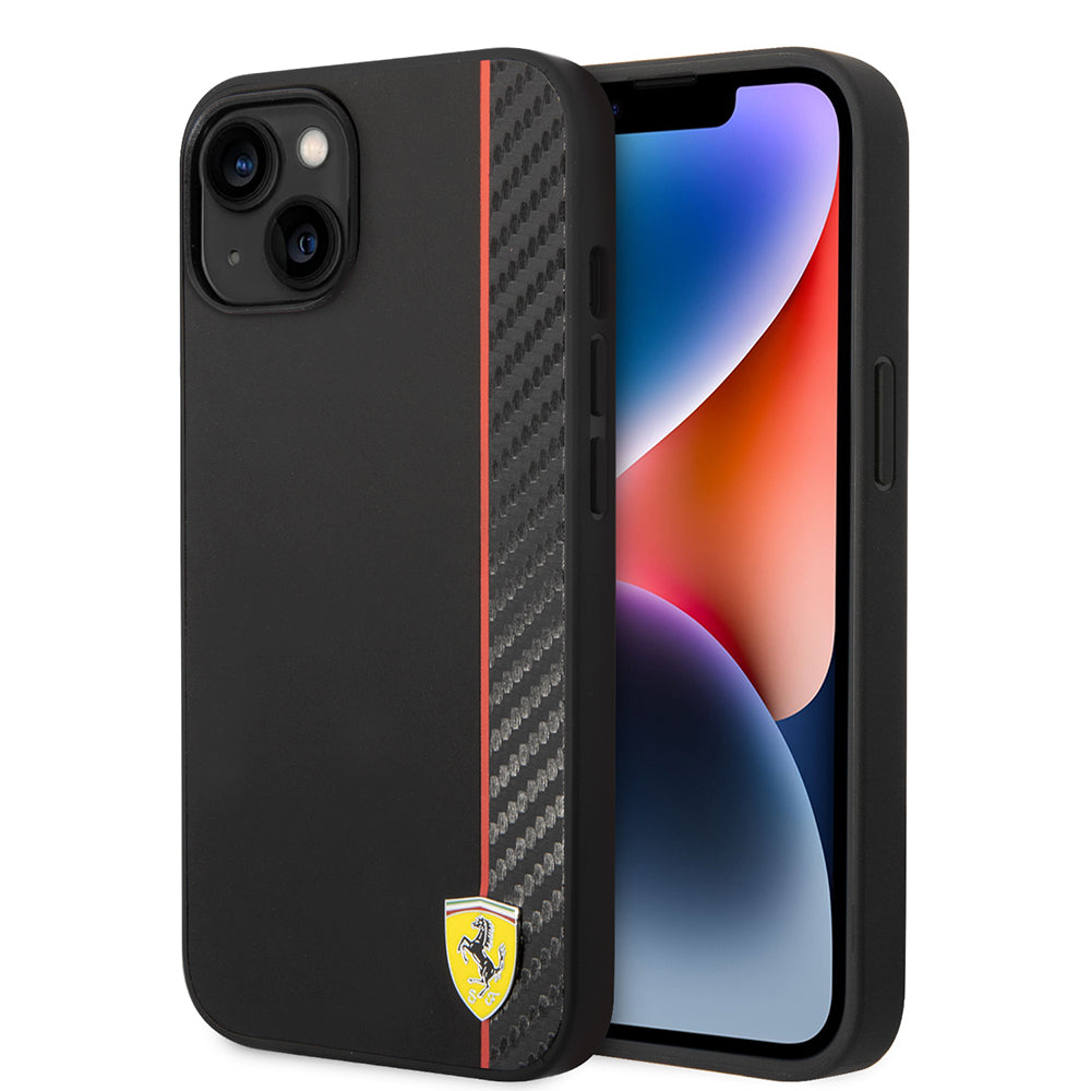 iPhone 14 Kılıf Ferrari orijinal Lisanslı M-safe Şarj Özellikli Pu Deri Ve Karbon Şeritli Dizayn Kılıf