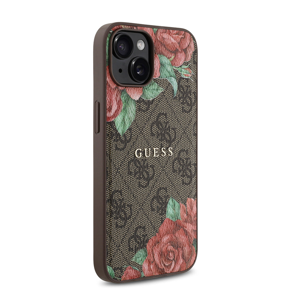 iPhone 14 Kılıf Guess Orijinal Lisanslı M-safe Şarj Özellikli Gül Baskılı 4G Desenli Yazı Logolu Kılıf