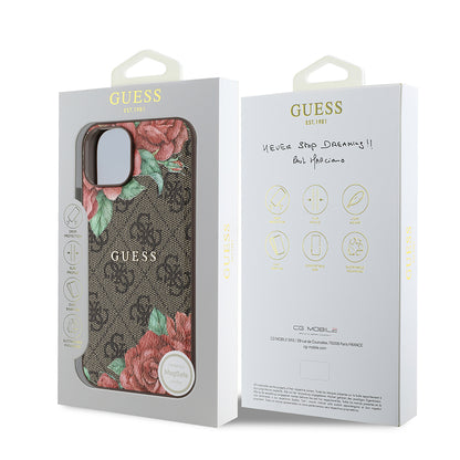 iPhone 14 Kılıf Guess Orijinal Lisanslı M-safe Şarj Özellikli Gül Baskılı 4G Desenli Yazı Logolu Kılıf