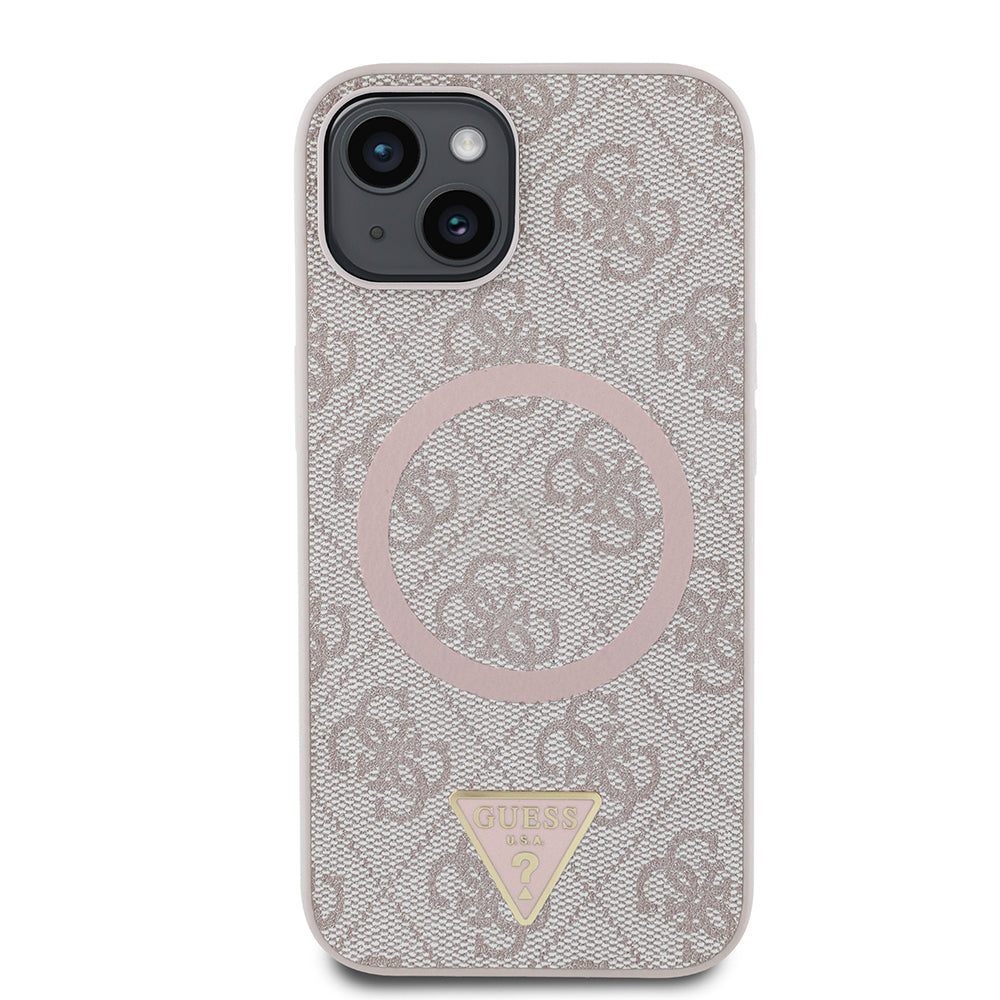 iPhone 14 Kılıf Guess Orijinal Lisanslı M-safe Şarj Özellikli PU Üçgen Logo 4G Desenli Kılıf