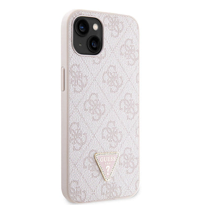 iPhone 14 Kılıf Guess Orijinal Lisanslı PU Deri Taşlı Üçgen Logo 4G Desenli Kılıf