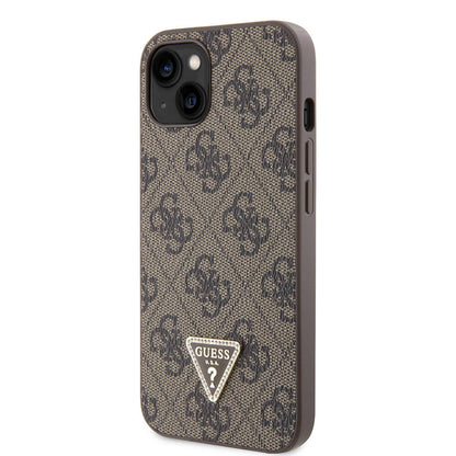 iPhone 14 Kılıf Guess Orijinal Lisanslı PU Deri Taşlı Üçgen Logo 4G Desenli Kılıf