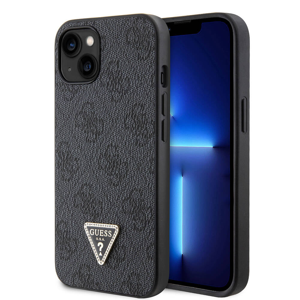 iPhone 14 Kılıf Guess Orijinal Lisanslı PU Deri Taşlı Üçgen Logo 4G Desenli Kılıf