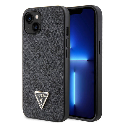 iPhone 14 Kılıf Guess Orijinal Lisanslı PU Deri Taşlı Üçgen Logo 4G Desenli Kılıf