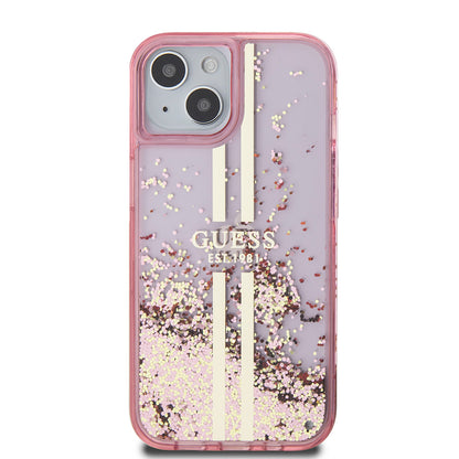 iPhone 14 Kılıf Guess Orijinal Lisanslı Transparan Sıvılı Simli Altın Çizgili Kılıf