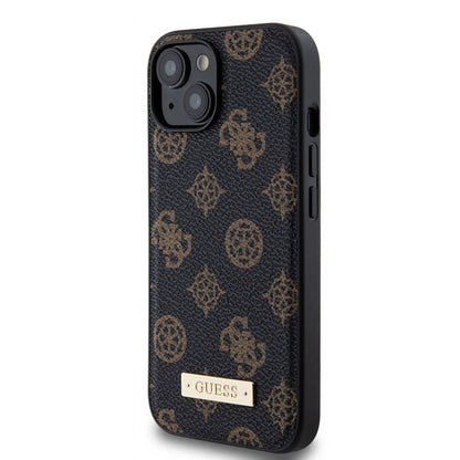 iPhone 14 Kılıf Guess M-safe Şarj Özellikli PU Deri Desenli Metal Plaka Logolu Kılıf