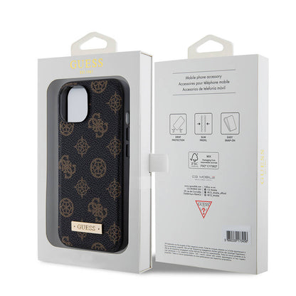 iPhone 14 Kılıf Guess M-safe Şarj Özellikli PU Deri Desenli Metal Plaka Logolu Kılıf