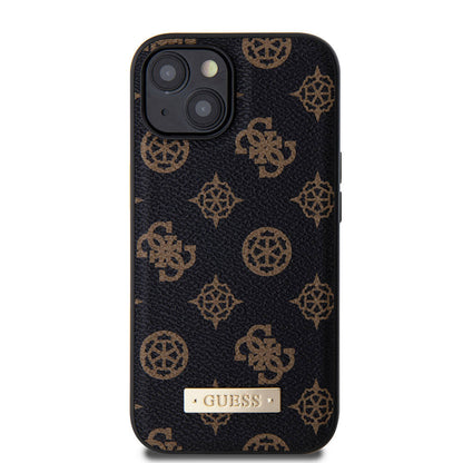 iPhone 14 Kılıf Guess M-safe Şarj Özellikli PU Deri Desenli Metal Plaka Logolu Kılıf