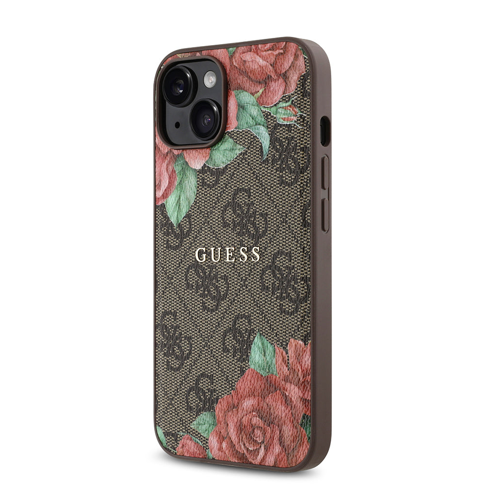 iPhone 14 Kılıf Guess orijinal Lisanslı M-safe Şarj Özellikli Gül Baskılı 4G Desenli Yazı Logolu Kılıf