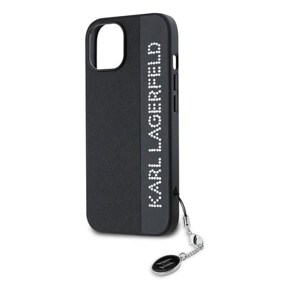 iPhone 14 Kılıf Karl Lagerfeld orijinal Lisanslı Anahtarlıklı Taşlı KL Yazılı Saffiano Rhinestones Kılıf