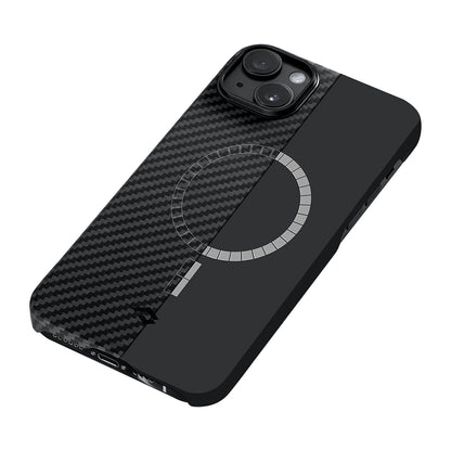 iPhone 14 Kılıf M-safe Şarj Özellikli 1500D Aramid Fiber Pitaka Ultra-Slim Classic Serisi Black-Grey Twill Kılıf