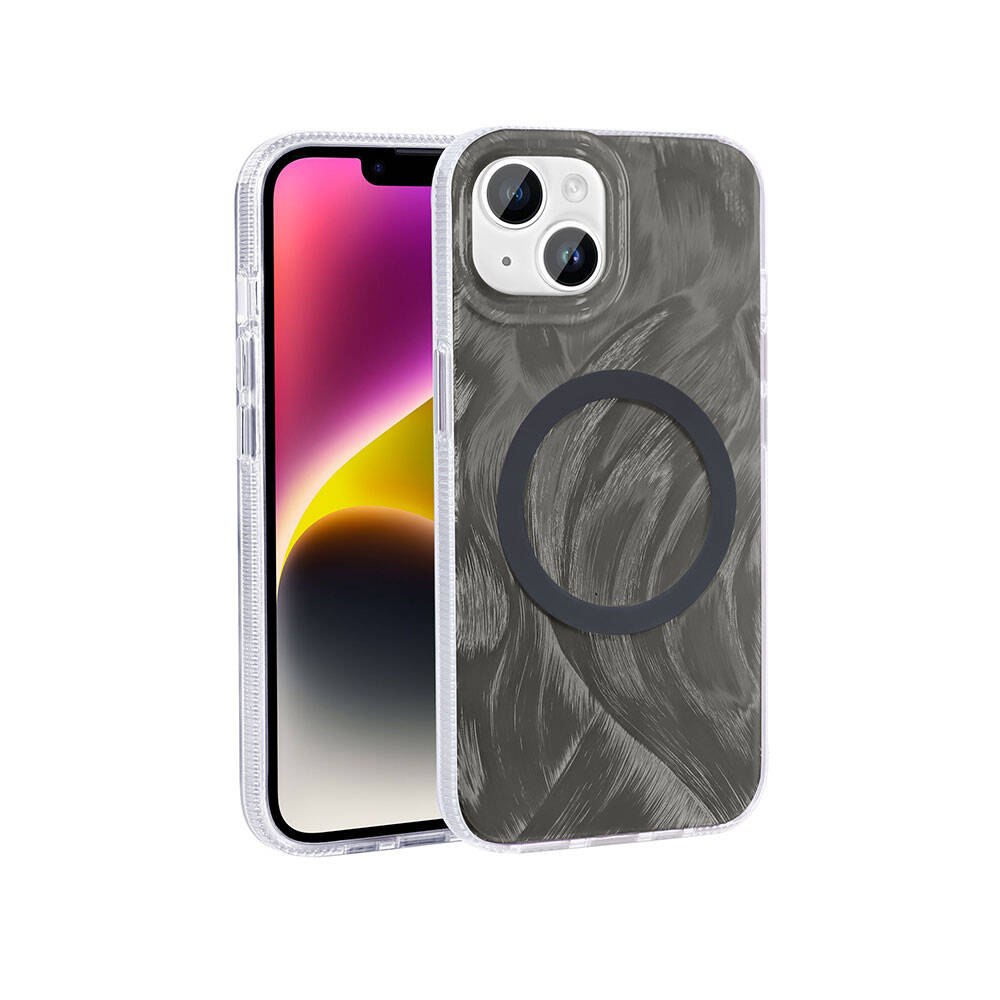 iPhone 14 Kılıf M-safe Şarj Özellikli Fırça Boya Desenli Zore Palet Kılıf