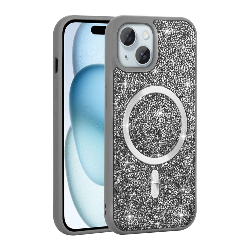 iPhone 14 Kılıf Pırlanta Tasarımlı M-safe Şarj Özellikli Zore Mozaik Silikon Kılıf