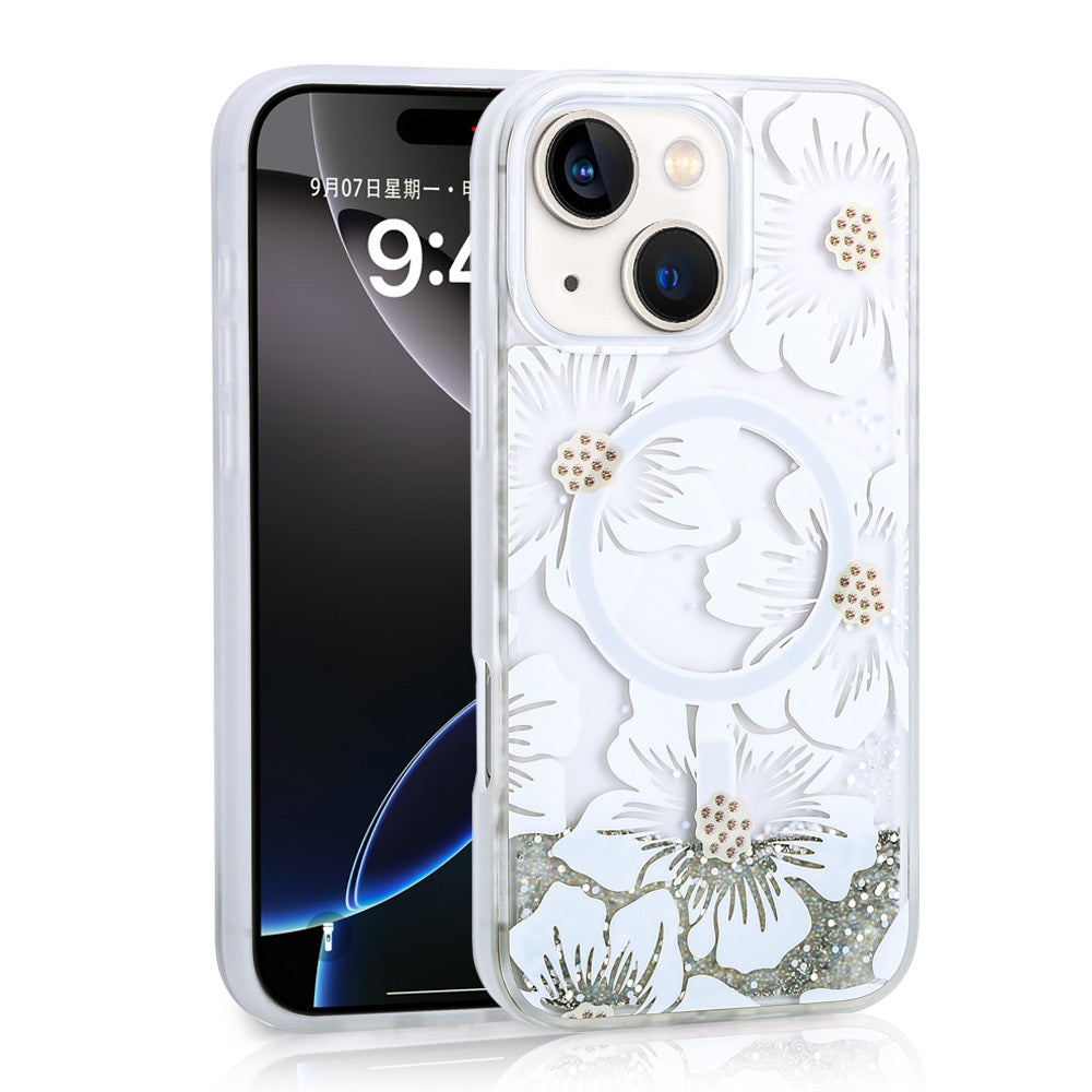 iPhone 14 Kılıf Sıvılı Simli Baskılı Şeffaf Arka Yüzey Zore Mossa Silikon Kılıf