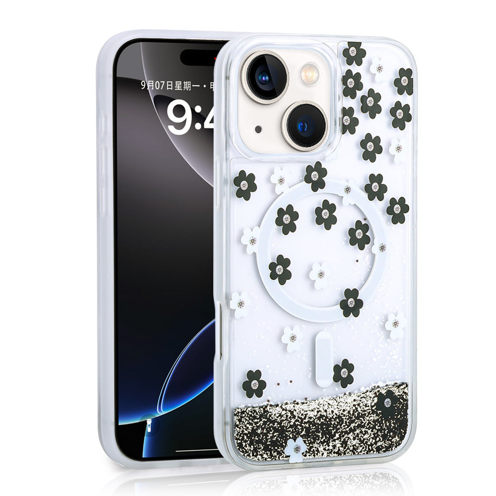 iPhone 14 Kılıf Sıvılı Simli Baskılı Şeffaf Arka Yüzey Zore Mossa Silikon Kılıf