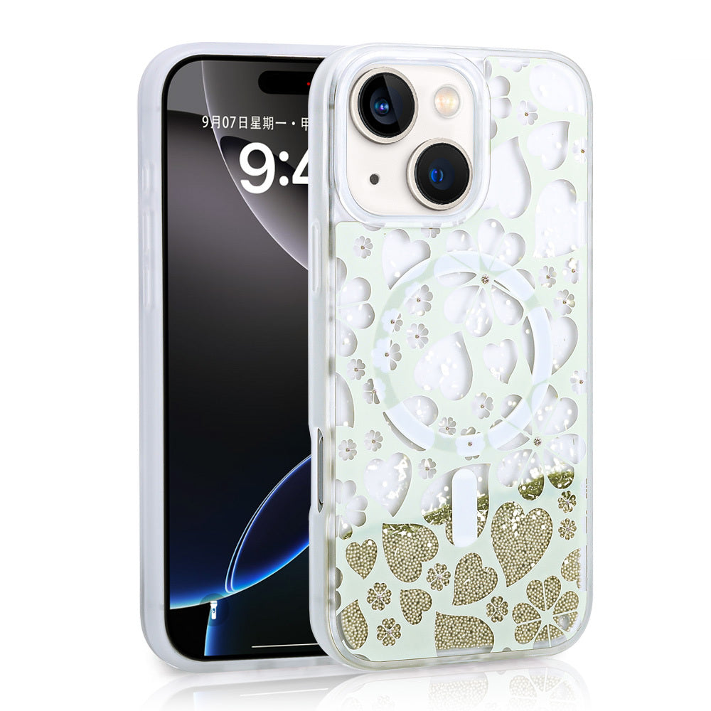 iPhone 14 Kılıf Sıvılı Simli Baskılı Şeffaf Arka Yüzey Zore Mossa Silikon Kılıf