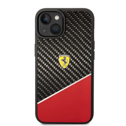 iPhone 14 Plus Kılıf Ferrari orijinal Lisanlı Klasik Metal Logolu Karbon Şerit Desenli Kılıf