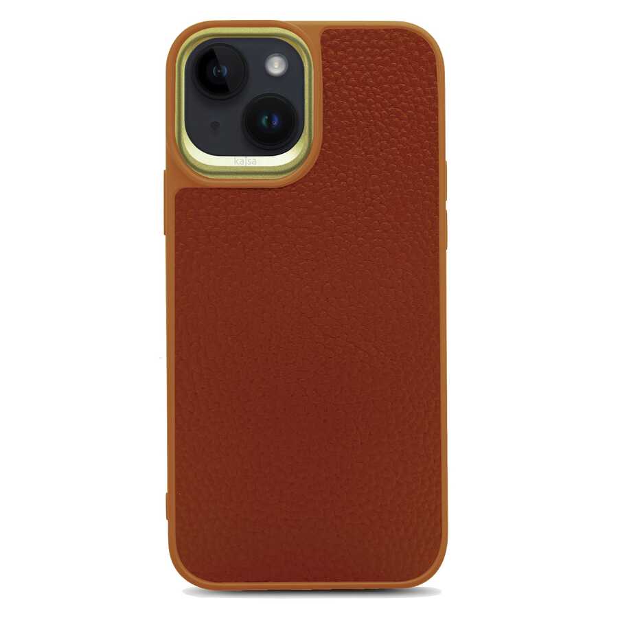 iPhone 14 Plus Kılıf Soft Deri Metal Kamera Çerçeveli Kajsa Litchi Kılıf