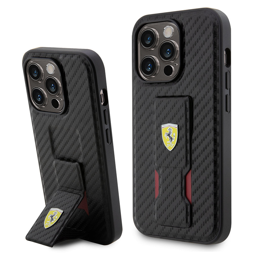 iPhone 14 Pro Kılıf Ferrari Orijinal Lisanlı Klasik Metal Logolu Delikli Standlı Karbon Kılıf